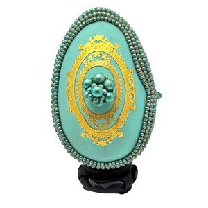 Goose Egg Vintage Jewelry Keepsake Trinket Gift Box Teal Pearls Easter Christ